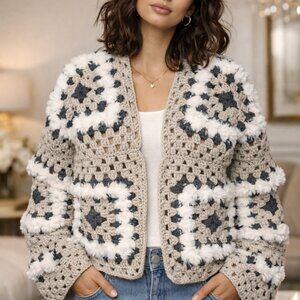 Granny Square Crochet Cardigan Jacket Grey White Fluffy Handmade Boho Size L/XL